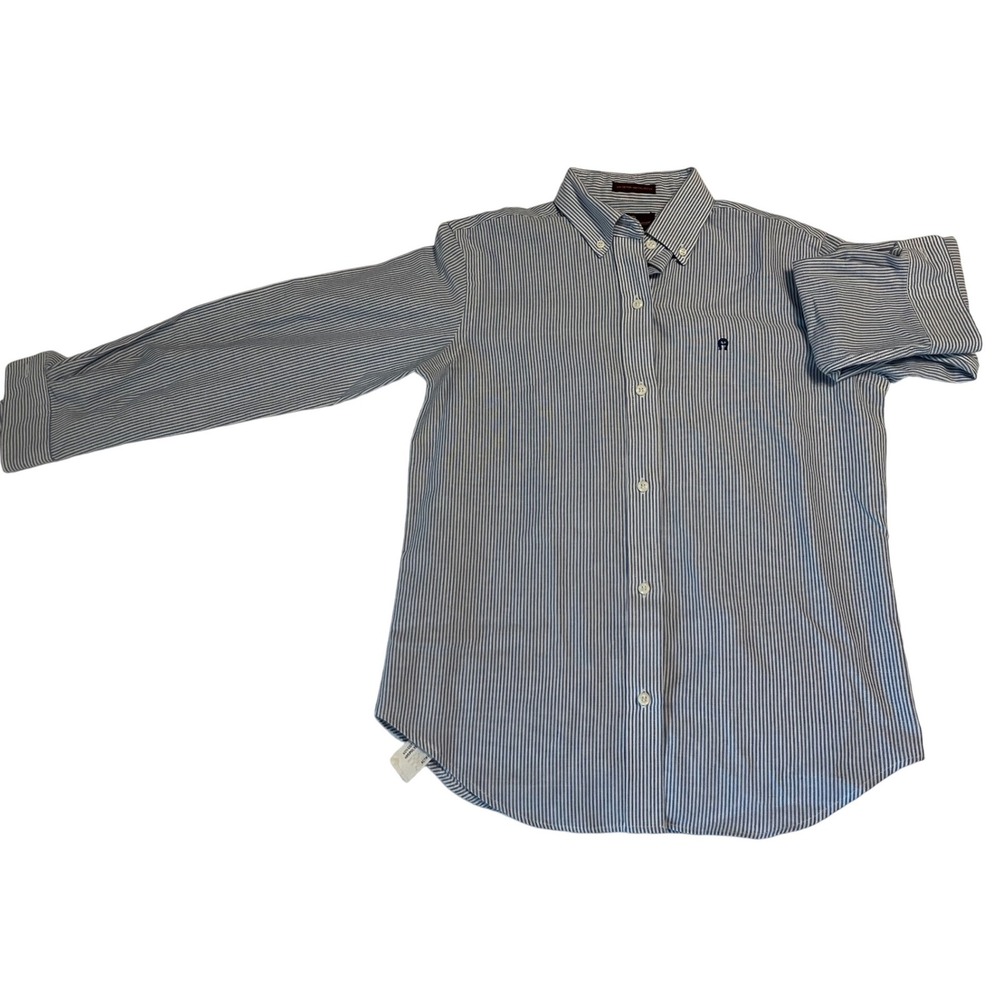 Vintage Women's 10 Etienne Aigner 80's Pinstripe Blue Boyfriend Shirt Preppy Uni